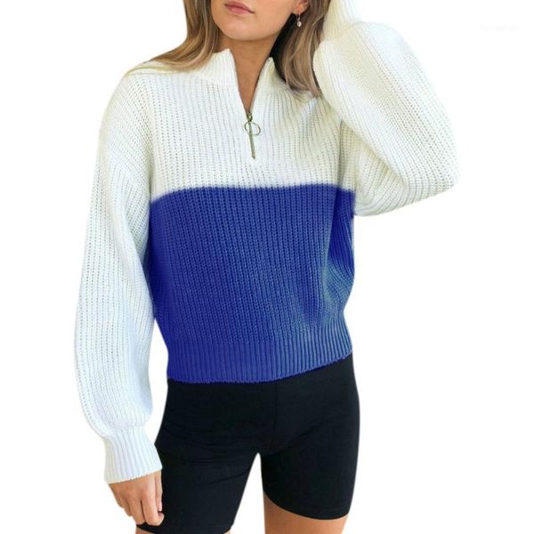 

women's sweaters womens lantern sleeve patchwork knitted pullover casual zip round neck sweater loose blouse winetr1, White;black