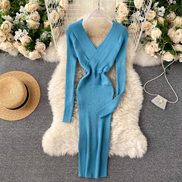 

2021 new female mesh gown long elastic waistband sheath in solid autumn knit pencil dress nte7, Black;gray