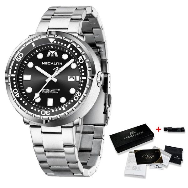 

megalith 2020 новые часы мужчины мода спорт дайвер часы 30м 8605 часы мужчины кварцевые стальные нылия светостойкие водонепроницаемые мужчин, Silver