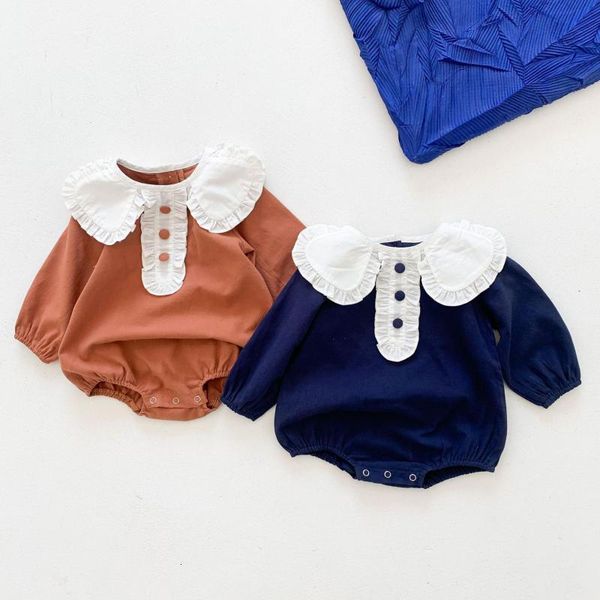 

2021 new infant girls bodysuit fashion cute peter pan collar cotton jumpsuit spring autumn long sleeve clothes baby one piece 789t, Blue