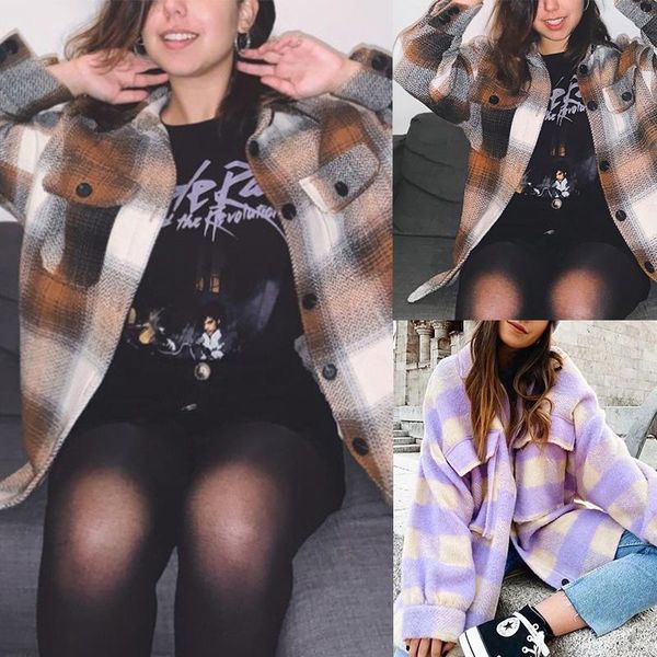 

vintage plaid long woolen coat pockets buttons autumn winter woman jacket korean overcoat checkered outerwear, Black