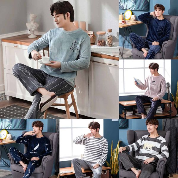 

men's pajamas set autumn winter warm flannel thicken male pajamas long sleeve sleepwear pants 2pcs casual homewear clothes q1216, Black;white