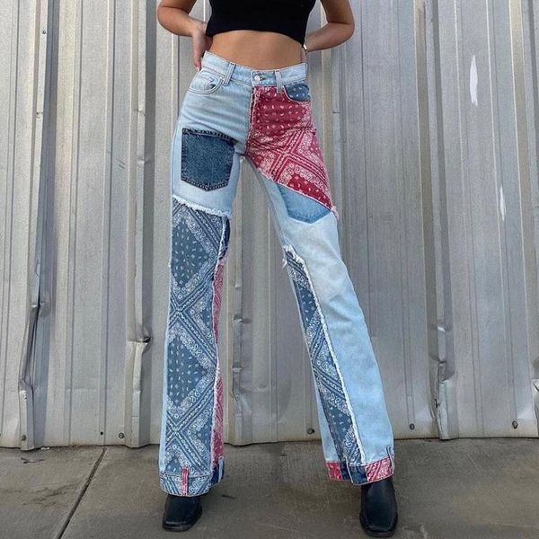 

fnoce 2020 new women's pants jeans fashion trends street irregular patchwork high waist slim loose denim full pants for girl, Blue