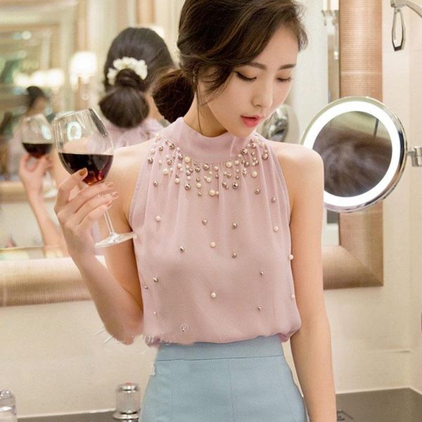 

tank women fashionable chiffon beads shirt feminine sleeveless halter dew back drop shipping, White
