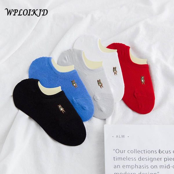 

socks & hosiery [wploikjd]spring summer product handmade little bear embroidery women candy color college style meias, Black;white