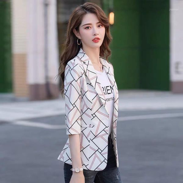 

women's suits & blazers s-4xl women's plaid autumn coat womens white black 3/4 sleeve and female fall one buckle slim suits1