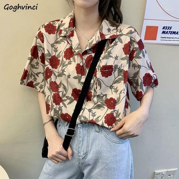 

blouses women shirts short sleeve summer sum-proof harajuku rose print vintage retro korean style loose teens streetwear chic1, White