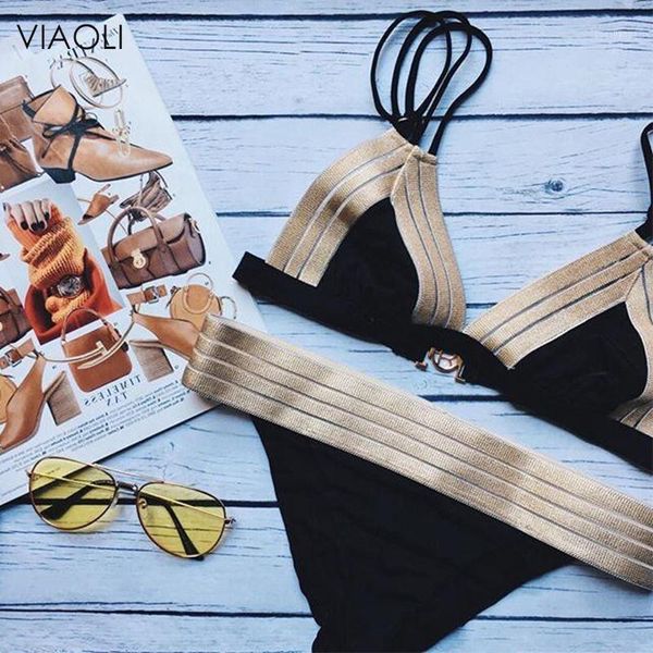 

new vintage bikini set halter black gold spliced design women swimsuit female beach retro swimwear bathing suit biquinis1, White;black