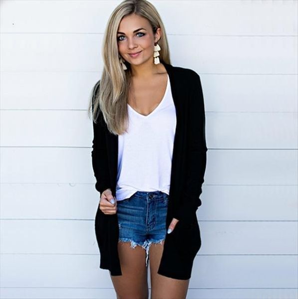 

women sweater new long sleeve womens cardigan loose coat solid color with pocket drop shipping good quality, White;black