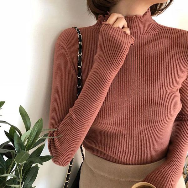

turtleneck ruched women sweater high elastic solid 2021 fall winter fashion sweater women slim knitted pullovers pink white1, White;black