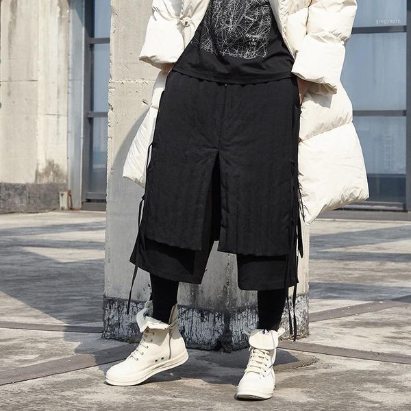 

men japan loose casual winter duck down pants kimono straight pants male streetwear hip hop punk gothic harem thick trousers1, Black