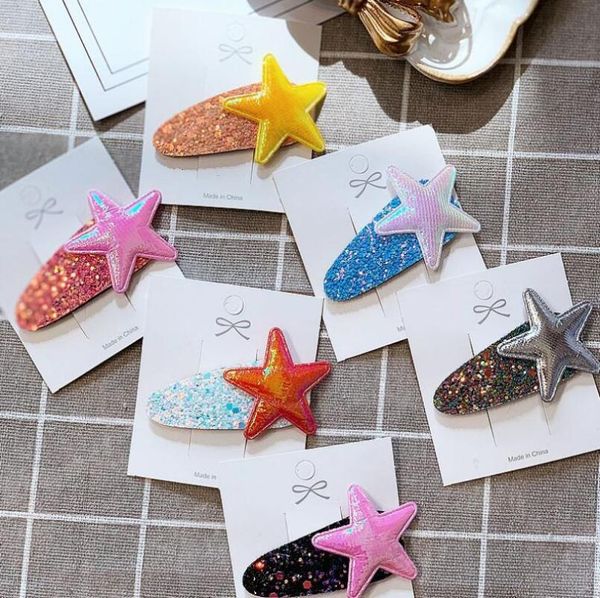 

hair accessories 6-10pcs/set glittery gradient pu star snap clip for girls toddlers sequin starfish 5cm hairpin kids girl, Slivery;white