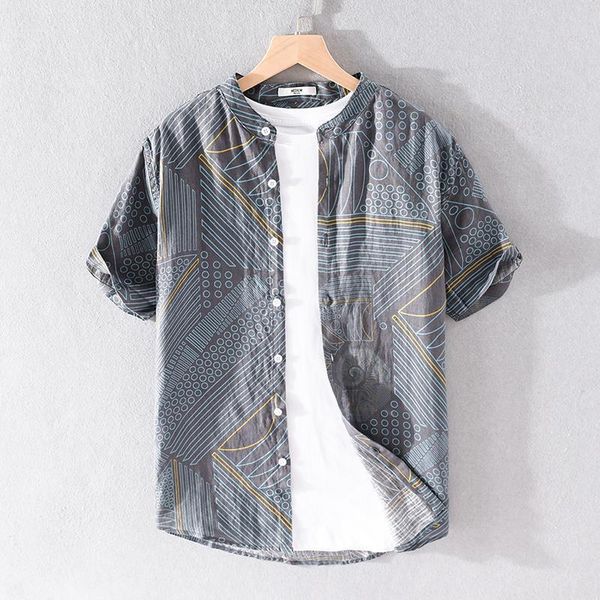

100% linen short-sleeved linen shirt men brand summer stand collar breathable shirts for men casual fashion shirt mens chemise, White;black