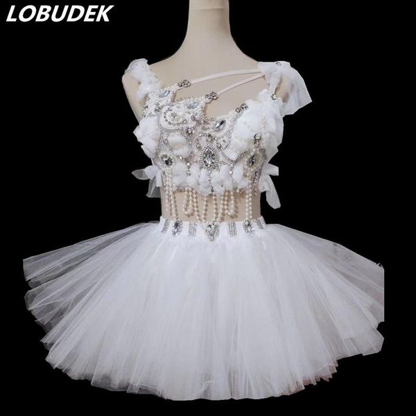 

stage wear bar club rave festival party dance costume women white pearl beads rhinestones bikini mini skirt outfit dj nightclub, Black;red