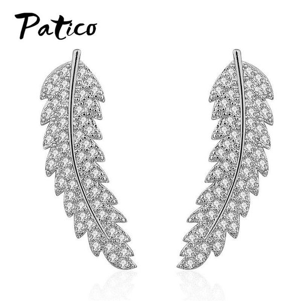 

stud fashion 925 sterling silver openwork dazzling cz leaves earrings for women bridal wedding party jewelry gift, Golden;silver