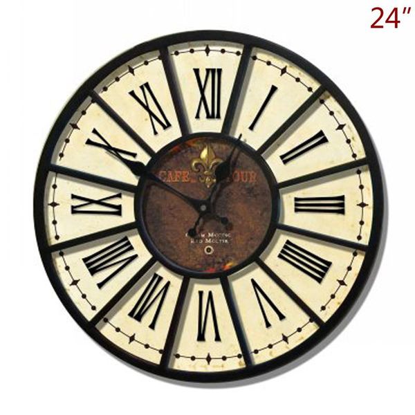 

antique cream with black iron framed and roman numerals printed large 24 inches round mdf wooden wall clock