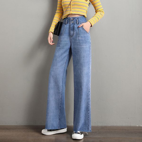 

2021 new thin brim broad-legged pants, women's summer fashions, korean version, high waist, and thin, all kinds of raw-edge pants 7m6g, Blue