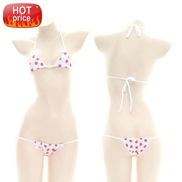 

kawaii woman set erotic lingerie micro bikini mini bra and panty strawberry cute underwear women girl anime stripper outfit #we8i, Black;white