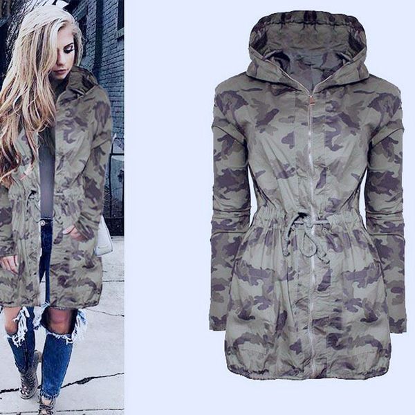 Womens Casual Long Hooded Coat Jacke Lose Reißverschluss Army Camouflage Outwear Streetwear LJ200813