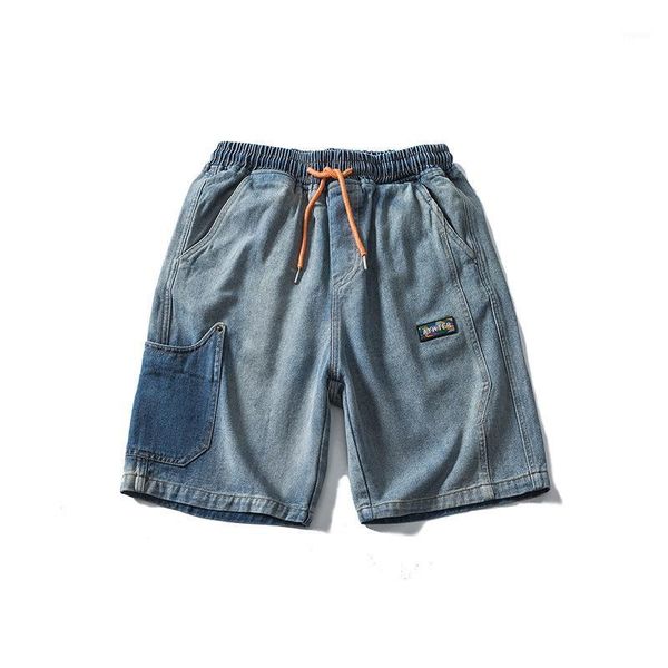 

is by no means common american do old washed denim shorts male popular logo street loose straight five minutes of pants1, Blue