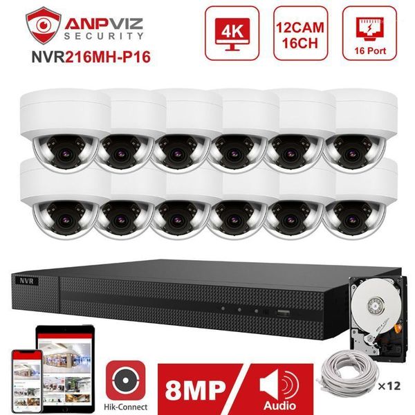 

systems hikvision oem 16ch 4k nvr anpviz 8mp poe ip camera 12pcs indoor/outdoor cctv security surveillance kit ip66 30m p2p1