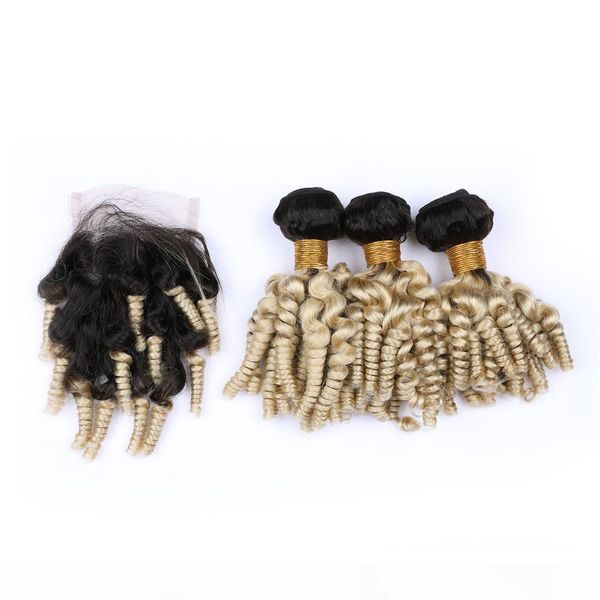 

#1b 613 dark root ombre aunty funmi brazilian human hair 3bundles with closure bouncy curly blonde ombre hair weaves with 4x4 lace closure, Black;brown