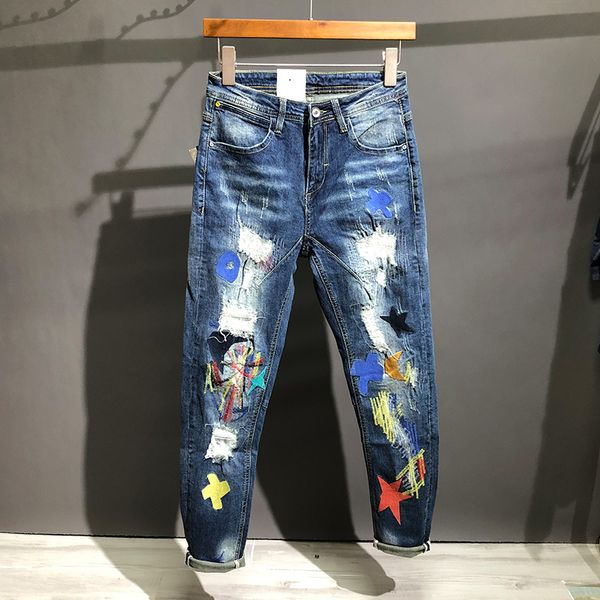 

2021 new fashion streetwear retro blue patches designer ripped men personality destroyed pencil pants hip hop jeans homme mpbd