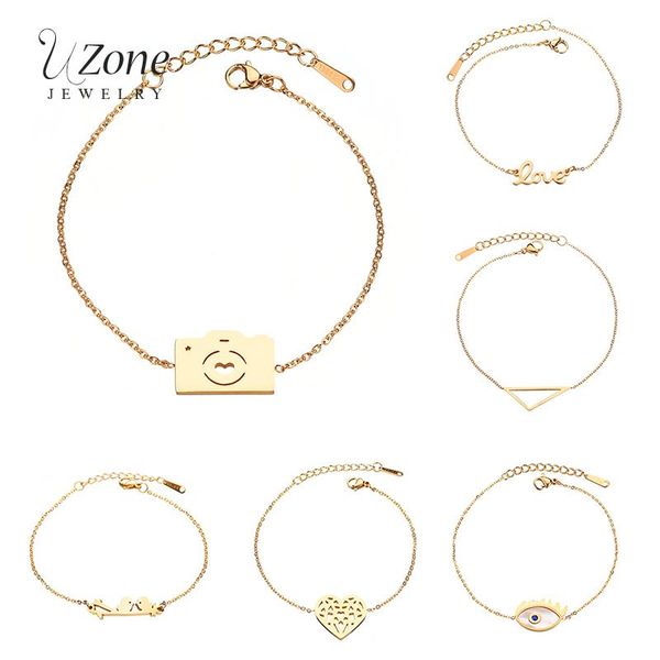 

uzone simple style charm bracelet for women steel gold camera bird heart letter love triangle evil eye stainless steel bracelet, Black