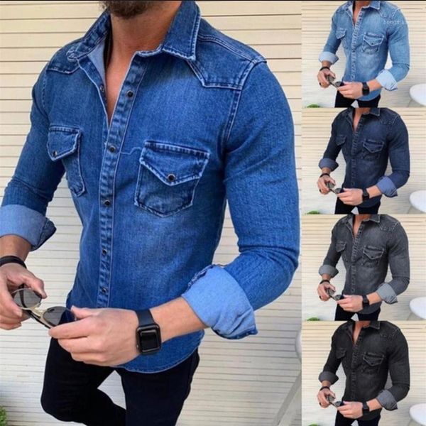 

new men's denim jackets fashion shirts casual jeans long sleeve pocket slim fit button autumn soild color turn down collar 1, White;black