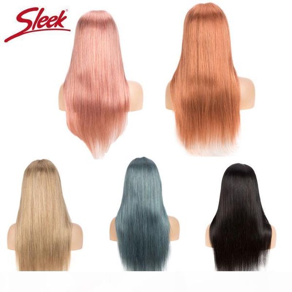 

sleek brazilian straight 4x4 lace human hair wigs pink blue blonde natural long wigs 150% density pre plucked with baby hair, Black;brown