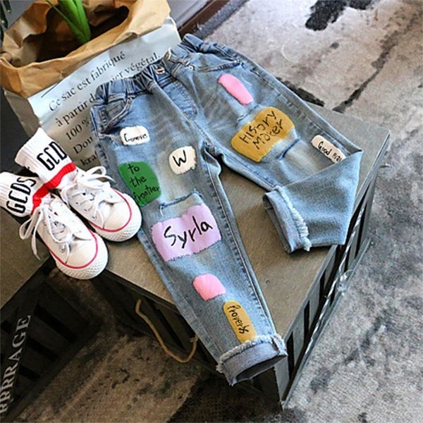 

girls jeans autumn winter letter printed denim kids ants kids trousers for teenagers patchwork jeans 2-7years lj200819, Blue