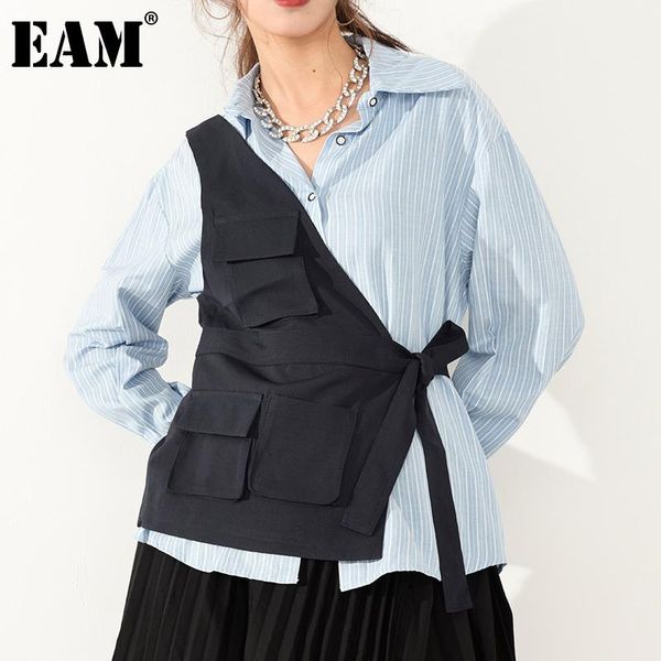 

eam] women striped bandage big size blue blouse new lapel long sleeve loose fit shirt fashion tide spring autumn 2021 1da32205, White