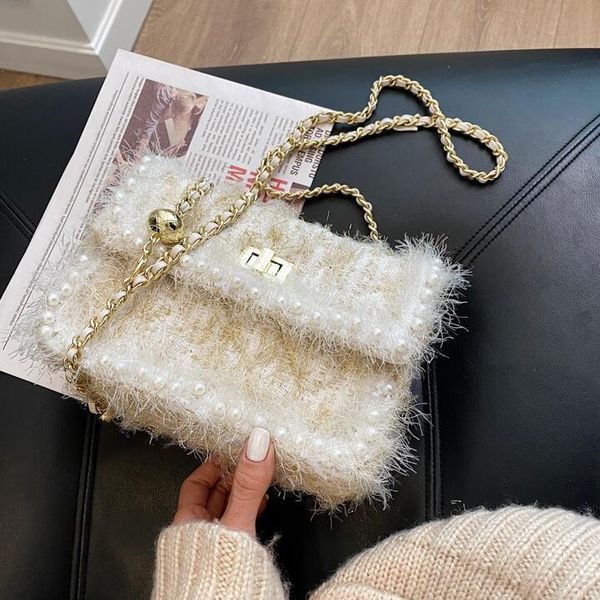 

womens handbag sweet little fresh stripes mao maos chain bag winter plush shoulder bags fashionable pearl decorative women messenger handbag, Black;red