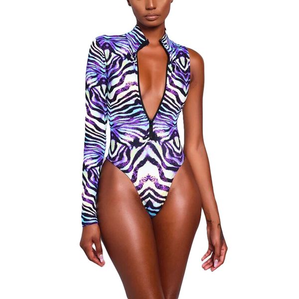 

women's leopard one-piece swimsuit single long sleeve zipper closure high collar swimwear sun-proof surf suits 2021 summer, White;black