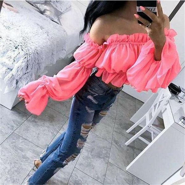 

new fashion women chiffon shirt long puff sleeve off shoulder blouse loose casual blouse lady short shirt, White