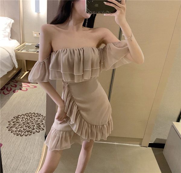 

2021 New Sexy Off the Shoulder Ruffles Sheathed Women's Party Summer Skinny Slash Neck in Small, Black, Mini Dress 2FBT, Black;gray