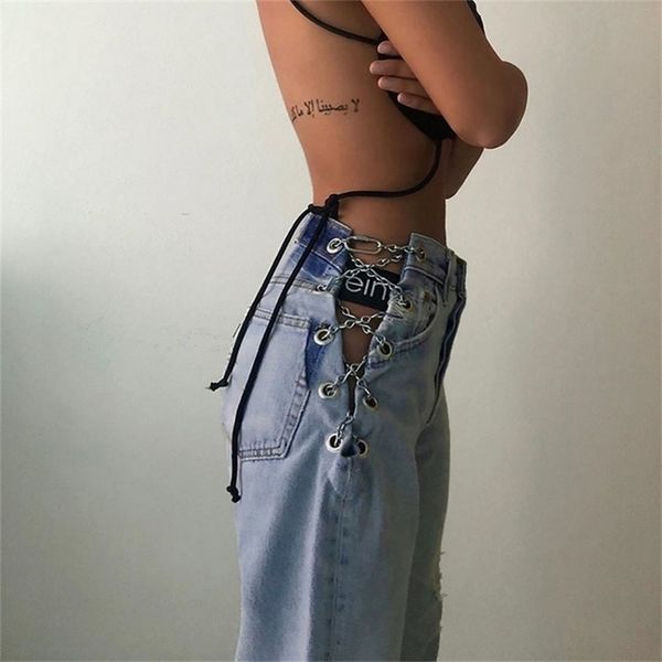 

yiciya seasons side cross chain hollow out wide-leg women jeans high waist pants elegant ladies europe fashion jean women 201223, Blue