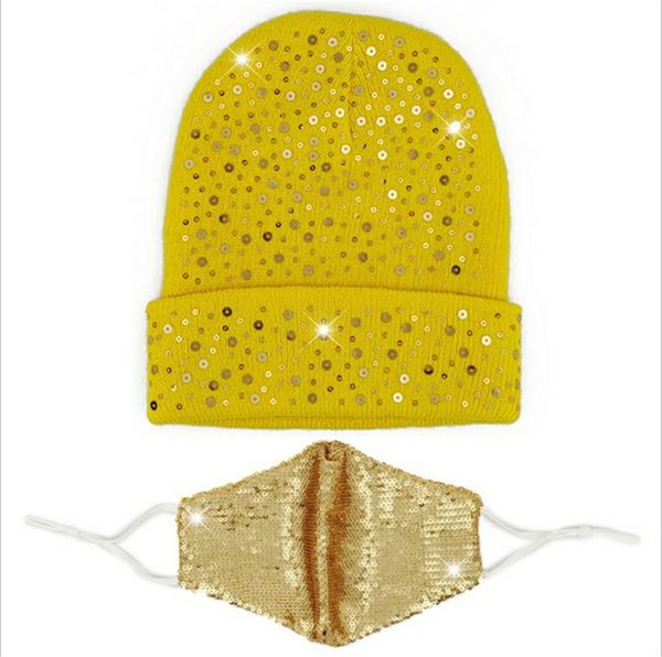 

sequins crystal diamond mask and beanie 2pcs/sets glitter shinny knit cap crochet hats with face mask bonnet mask earmuffs ski caps e122809, Yellow