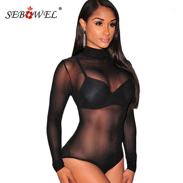 

sebowel women's sheer mesh turtleneck bodysuits see through long sleeve female leotard bodysuit perspective body night club1, Black;white