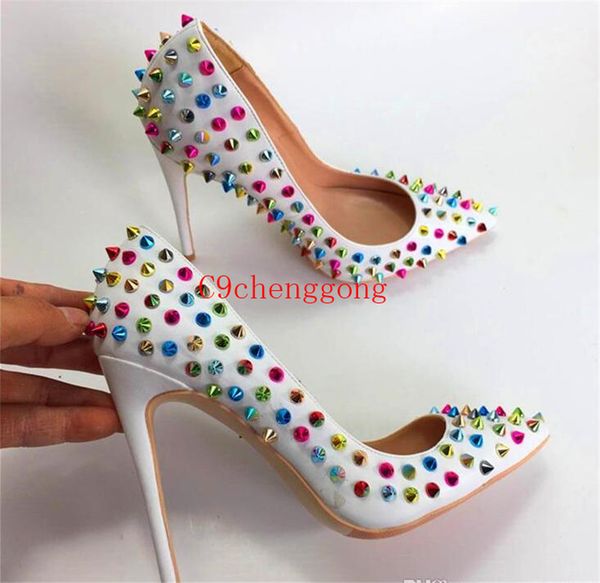 

gold rivets spiked high heels patent pu leather brand needle sharp rivet high heels dress shoes 10cm 12cm 8cm, Black