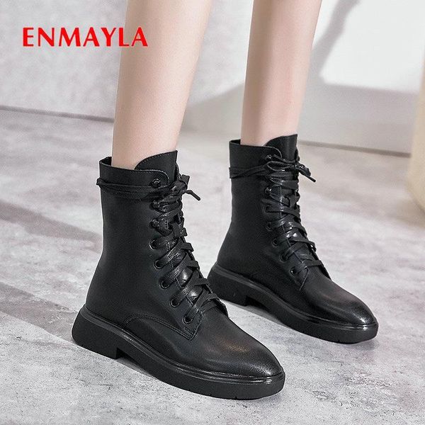 

boots enmayla 2021 ankle for women genuine leather round toe lace-up motorcycle square heel winter shoes size 34-39, Black