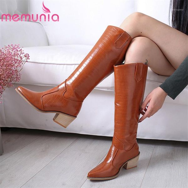 

memunia 2020 knee high boots women pointed toe square heels autumn winter western boots fashion dress shoes female1, Black