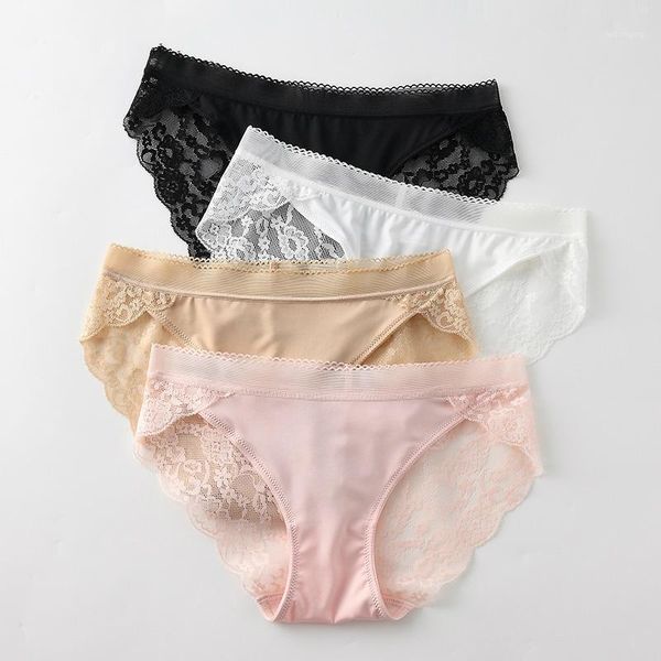

4pcs/set lace silk seamless panties for women knickers cotton underwear mesh floral lingerie low-rise briefs plus size new1, Black;pink
