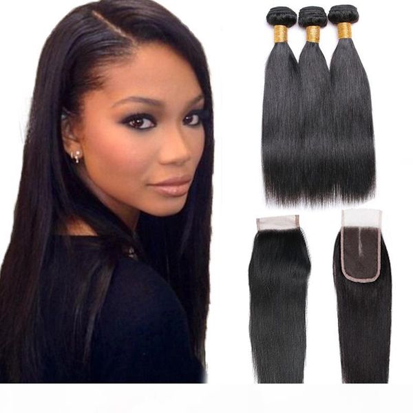 

straight hair 3 bundles with closure middle part brazilian virgin human hair weave bundles with closure human hair extension natural color, Black
