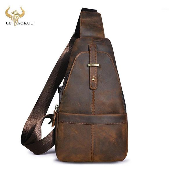 

waist bags trend men crazy horse leather casual antique triangle chest sling bag 8" tablet design one shoulder cross body male 1961