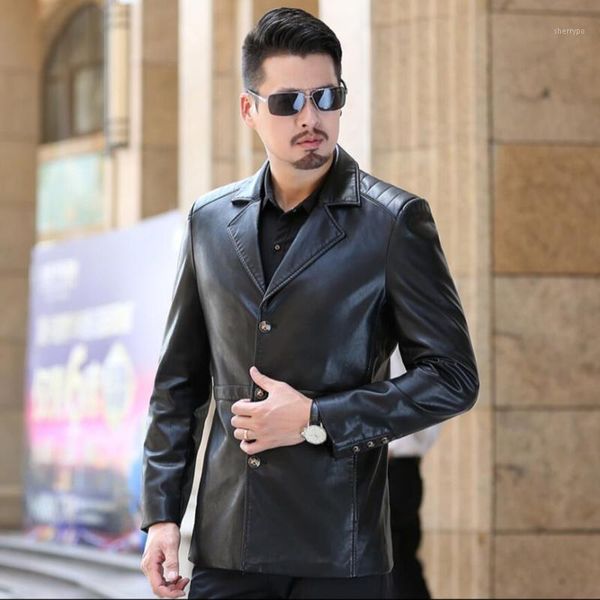

m-3xl 2020 men autumn and winter models sheep skin leather men's long middle-aged suit collar leather jacket dad windbreaker1, Black