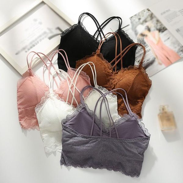 

women beautiful back lingerie cross thin shoulder strap lace without steel ring with bra pad bra camis female intimates1, Black;white