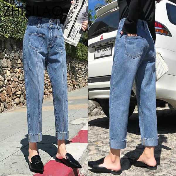 

women's jeans vintage straight women high waist harem denim mujer blue pocket boyfriends mom street chic kpop