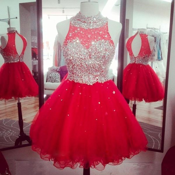 

red tulle homecoming dresses real image backless cocktail party club wear gowns high collar beaded short prom dress, Blue;pink