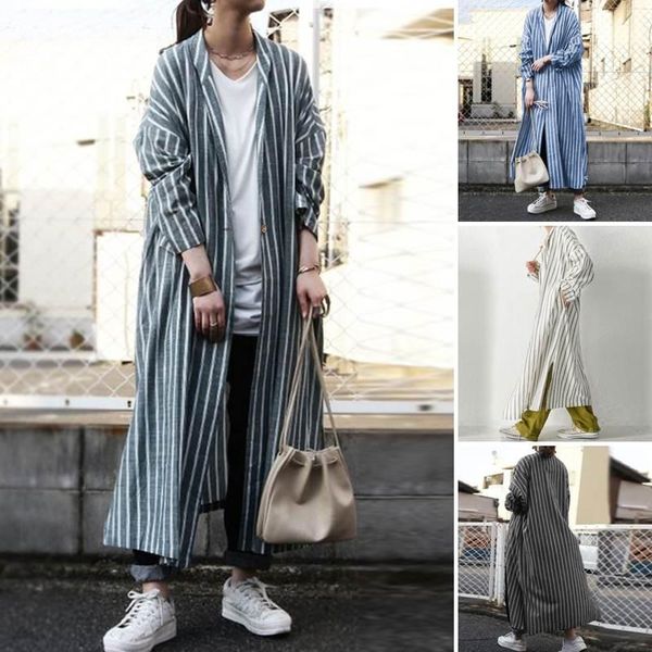 

elegant striped coats women's long jackets 2020 zanzea casaul lapel printed overcoats female button cardigans oversized 5xl, Black;brown